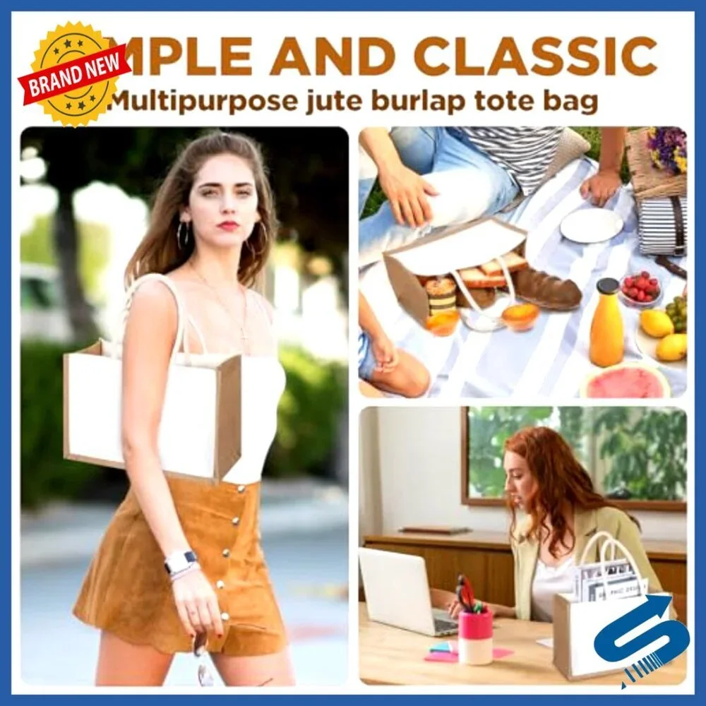 Burlap Jute Tote Bags Bulk Eco-Friendly Reusable Grocery Beach DIY Crafts